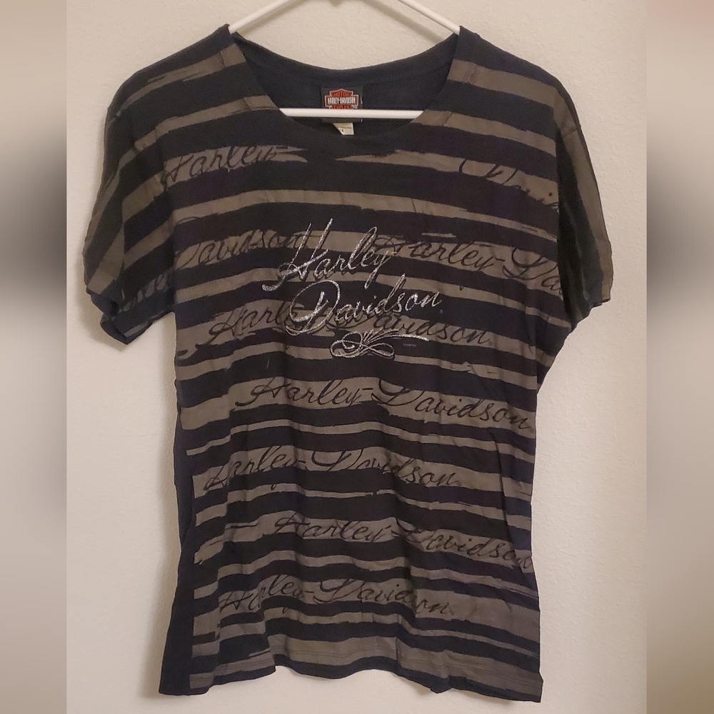 Harley-Davidson Women's Slim Fit Black and Gray Striped Tee Size 2X